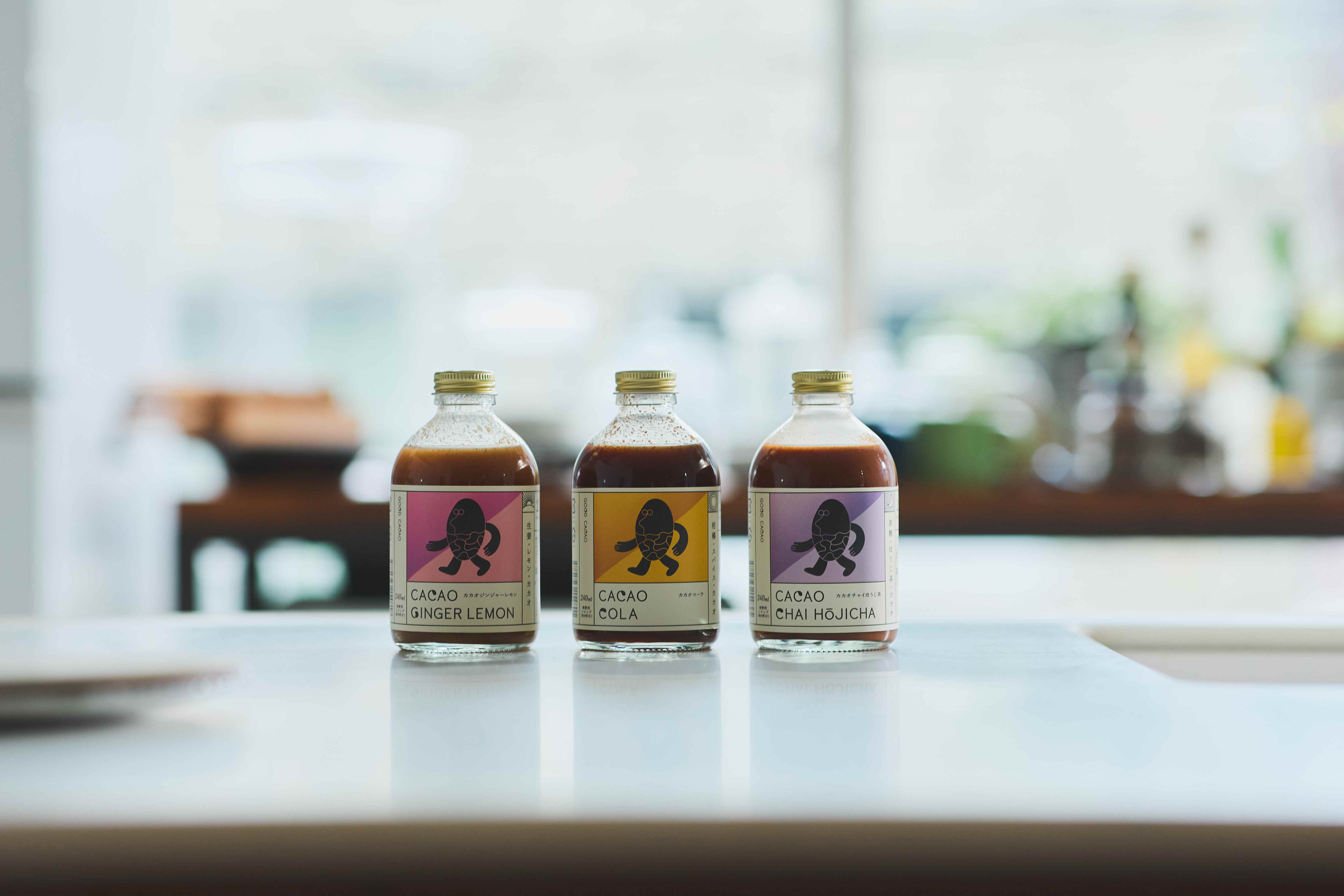 カカオコーラ、カカオジンジャーレモン、カカオチャイほうじ茶
