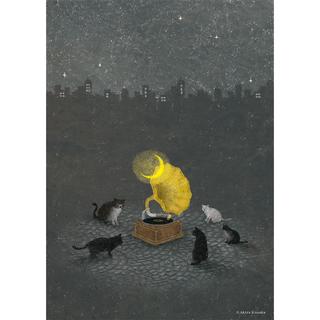 【日下明ジークレープリント】Giclee Print『猫の夜会』　木製パネル加工(小)　※12月初旬頃順次ご配送予定