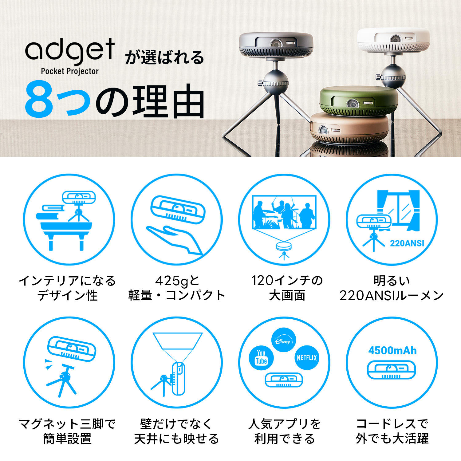 【数量限定特典あり】Adget Pocket Projector (アジェット ポケットプロジェクター) モスグリーン 