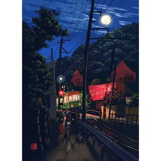 【小川真二郎  サイン入りGiclee Print  受注生産：11月下旬頃ご配送予定】【額装付き】江ノ電・稲村ヶ崎の月