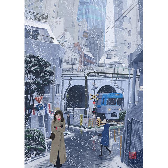 【小川真二郎  サイン入りGiclee Print  受注生産：11月下旬頃ご配送予定】【額装付き】京王井の頭線・雪降る神泉駅