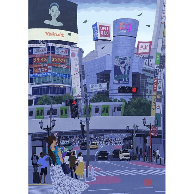 【小川真二郎  サイン入りGiclee Print  受注生産：11月下旬頃ご配送予定】【額装付き】ＪＲ山手線・渋谷宮益坂下