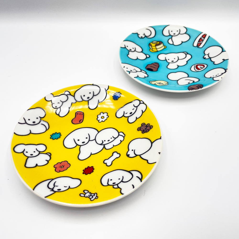 【IP】てらおかなつみ 九谷焼 小皿 たくさんの犬（黄色）