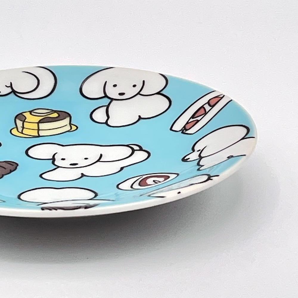 IP】てらおかなつみ 九谷焼 小皿 たくさんの犬（水色） -の商品