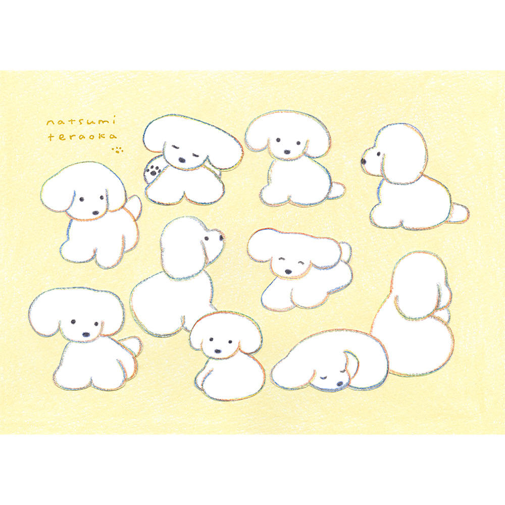 てらおかなつみ　原画　犬　いぬ 展示では黄色い背景の子犬の絵を探してみてください🐶 ガラスの壁から