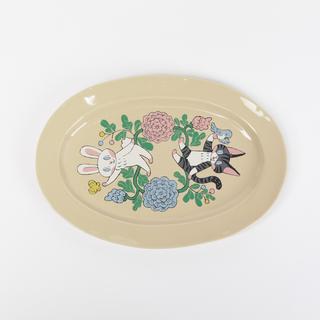【IP】清水桐子  オーバルプレート　ねことうさぎの花模様