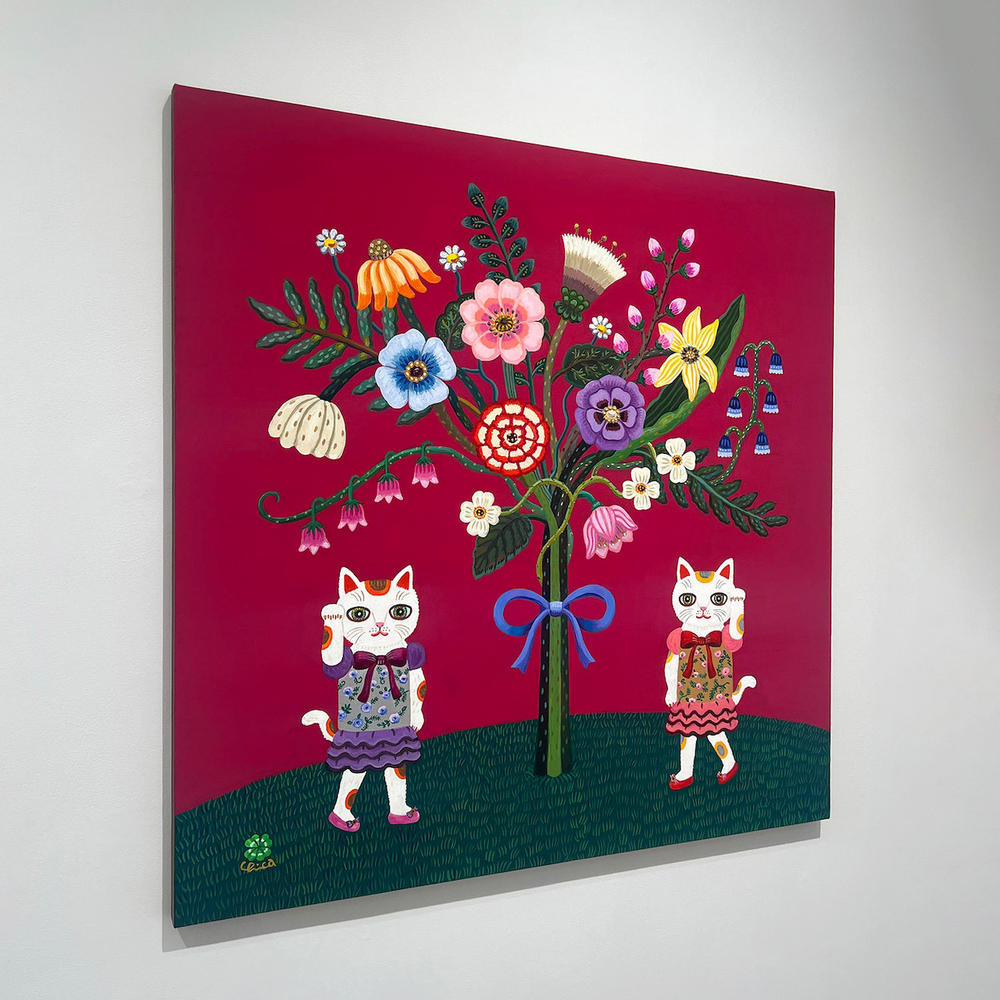 【とやちかこ：原画】Blooming Flowers with Maneki Neko（福を咲かせるまねきまねこ）　※2026年3月中旬～下旬頃発送予定