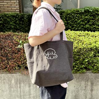 てらおかなつみのたくさんの犬展 犬の刺繍トートバッグ チャコールブラック